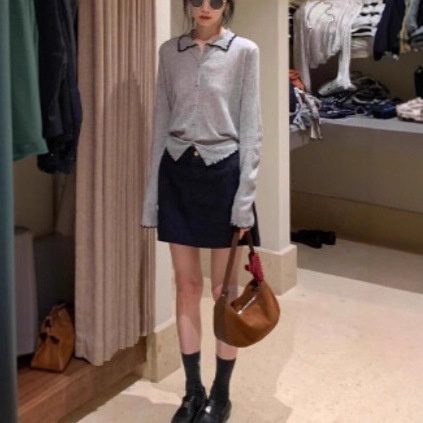 Autumn Clothing with Korean Style Gray Lapel Contrasting Wool Knitted Cardigan Women's Super Nice Casual Long-Sleeved Top