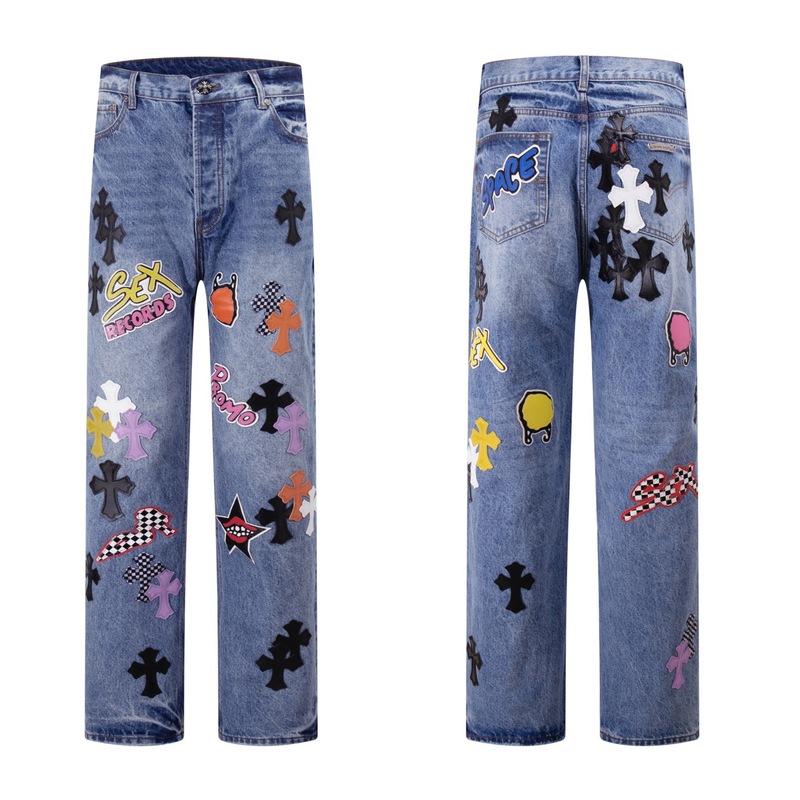 Cross-Border Foreign Trade Wholesale Ch Crow Black Mosaic Star Pattern Leather Versatile Casual Loose Denim Pants Trendy
