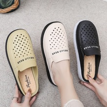 新款厚底防滑中年妈妈包头拖鞋包头拖鞋仿皮中跟洞洞鞋外穿女士拖