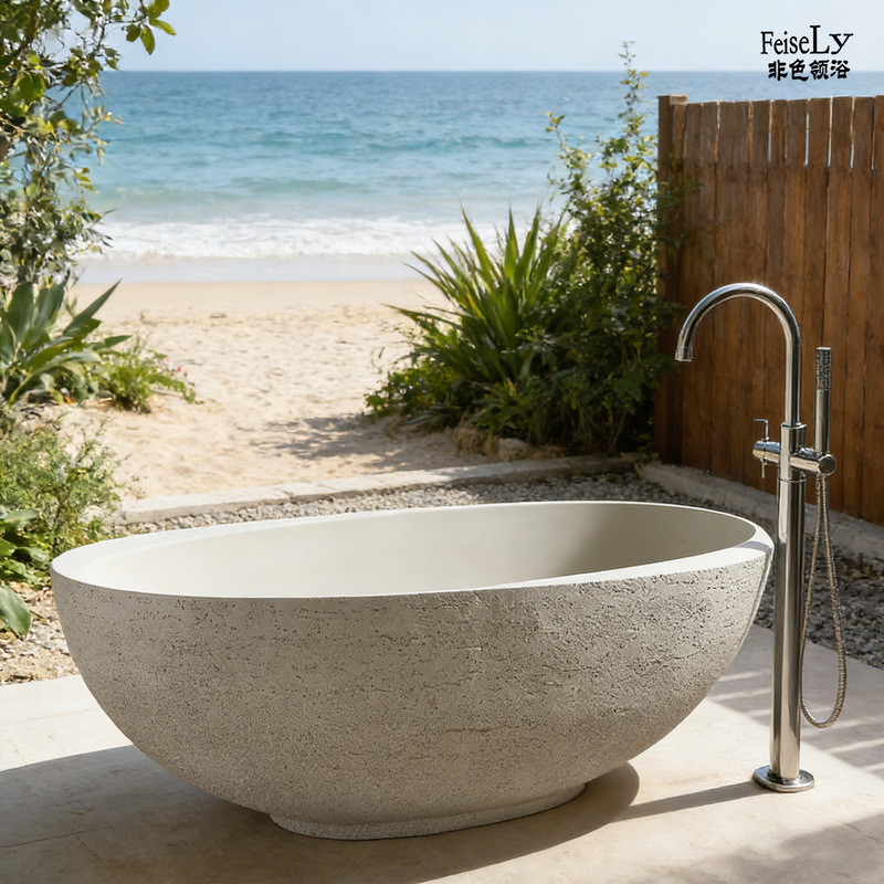 Italian-Style Travertine Bathtub with Hand-Carved Natural Texture Enhances the Artistic Feel of the Bathroom, a Luxurious Bathtub