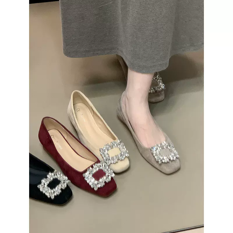 法式方头水钻方扣粗跟单鞋配裙子2025秋季通勤低跟鞋女