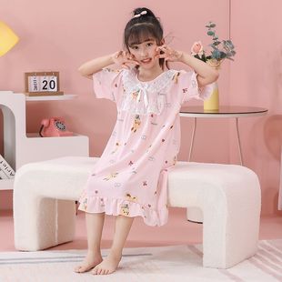 Summer Girls and Kidsren Cloud Cotton Short-Sleeved Cartoon Bow Nightgown Thin Girls' Home Dress for Middle and Large Kidsren