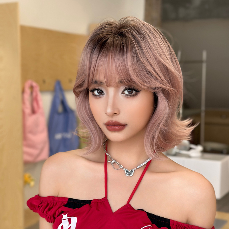 Summer New Wig for Women with Short Curly Hair, Pink Dyed Chemical Fiber Artificial Full Headgear, Internet Celebrity High Temperature Silk Short Hair