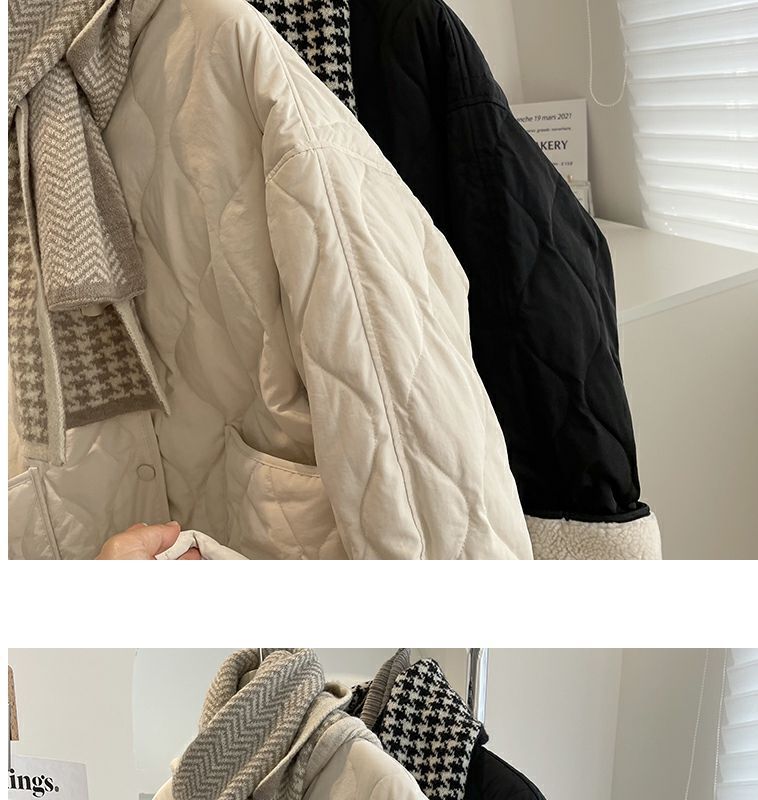 Collarless lamb wool splicing light and thin winter Korean version loose small fragrant dia plaid warm cotton jacket_voghion.com