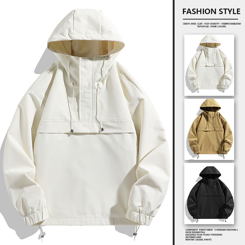 2025 New Hooded Jacket Men's Functional Style Workwear Outdoor Hooded Pullover Half Open Collar Jacket