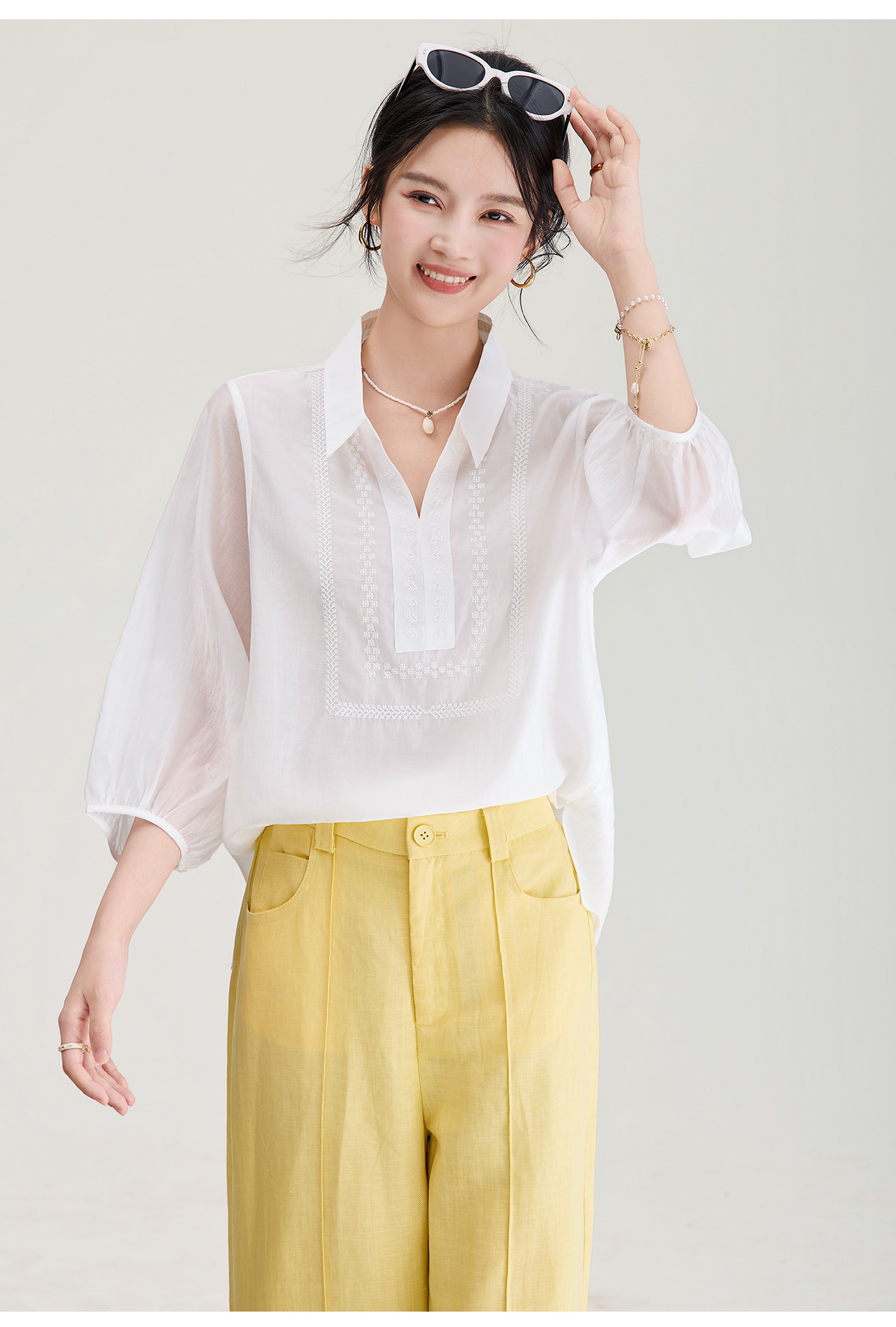 Áo sơ mi nữ tay lỡ thêu hoa tay chất liệu tencel cao cấp — màu trắng chi tiết 22