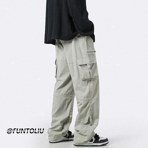 Light Green Multi-Pocket Work Pants for Men, Autumn Japanese Trend Straight Leg Loose Casual Pants, Unique Zipper Floor-Length Pants