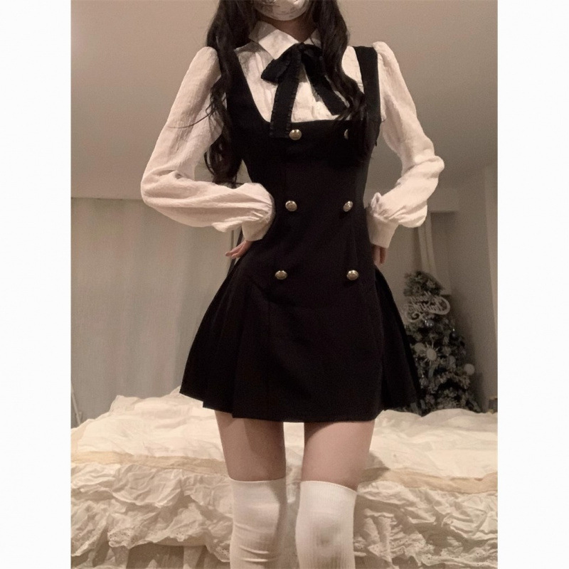 学院风法式修身显瘦假两件连衣裙长袖高级2025新款公主甜美背带裙|undefined