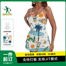 亚马逊新款pod夏季时尚印花女装连衣裙性感露背吊带连体裤度假v领