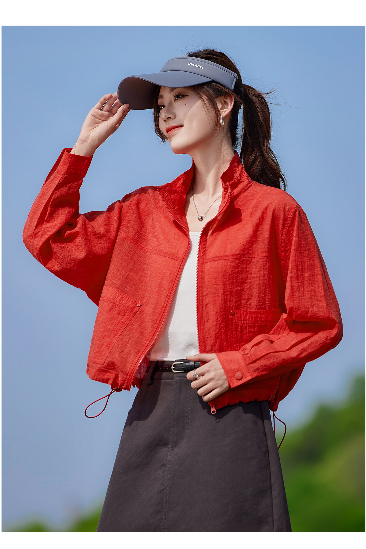 Áo chống nắng nữ cổ đứng dây rút tay dài 2026 mỏng nhẹ form rộng — màu vàng, màu đỏ chi tiết 20