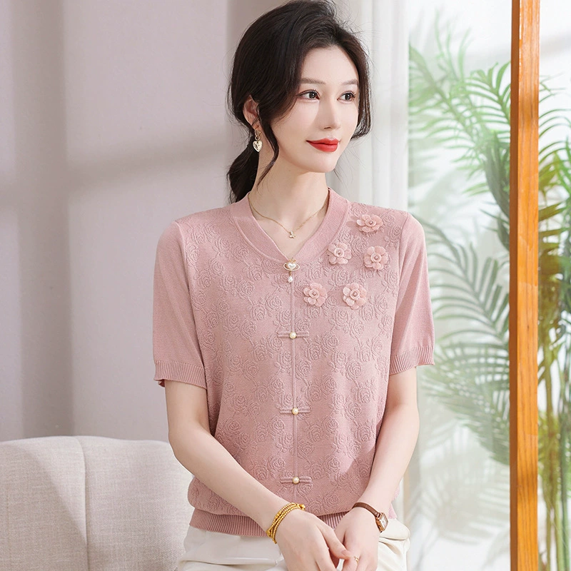 День матери мама летняя мода с короткими рукавами футболка 2025 новый средний возраст вязаный коридольный топ с уменьшением возрастной пряжки