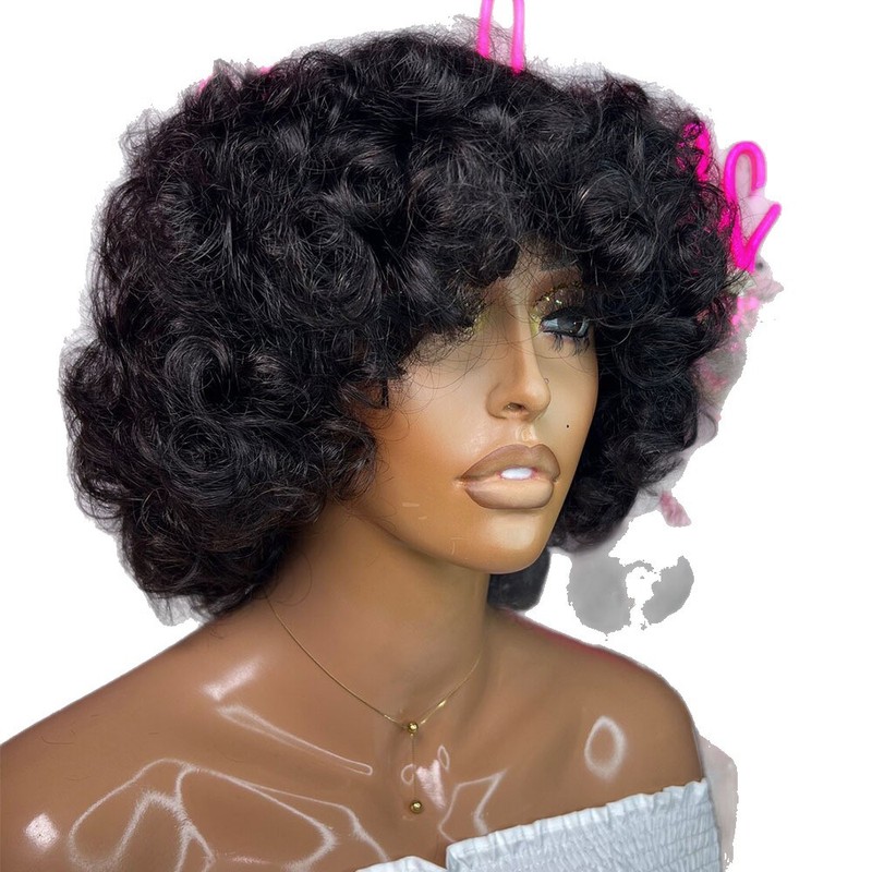 Double Drawn Wigs with Fringe Bouncy Curls wig棕色 短卷发大|undefined