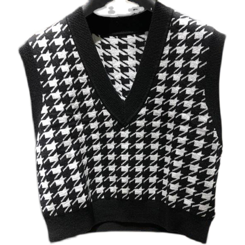 Nuevo chaleco de punto de lana sin mangas con cuello en V, versátil, en blanco y negro con estampado de pata de gallo, para mujer, de la colección de ropa femenina de Brother para la primavera y el otoño de 2024.