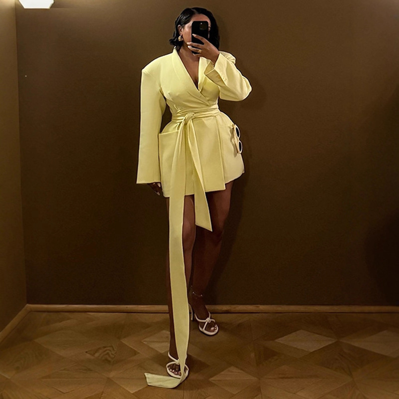 Casual Formal Versatile Elegant Pure Color Wide Shoulder Lace-Up Waist Long-Sleeved Suit Jacket 2025 Cross-Border European and American New Style