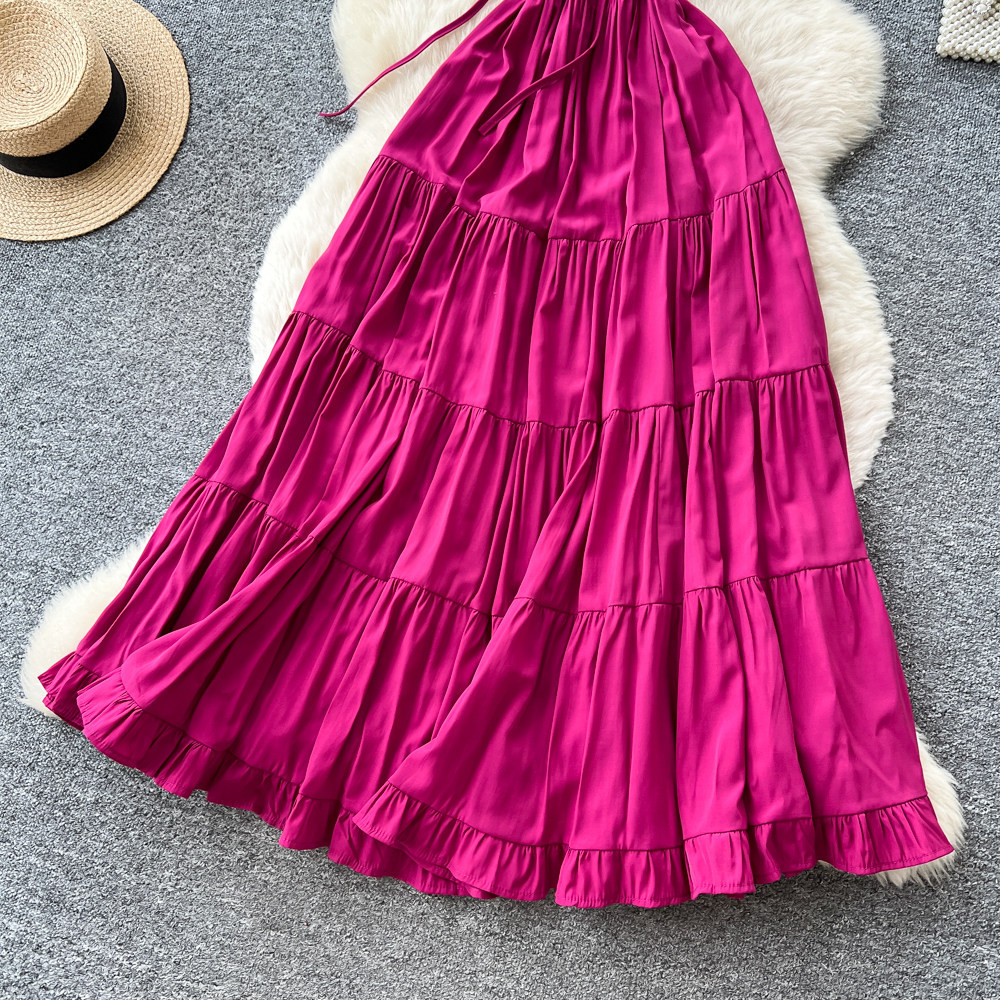 Women's French Romantic Style Halter Neck Ruffled Dress Slimming A-Line Summer Style Tie Waist Gown With Flowing Drape_ecoleips.com