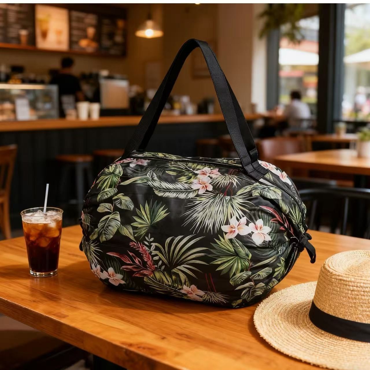 열대 화훼 대형 녹색 잎 식물 접이식 아코디언 백 50*35CM