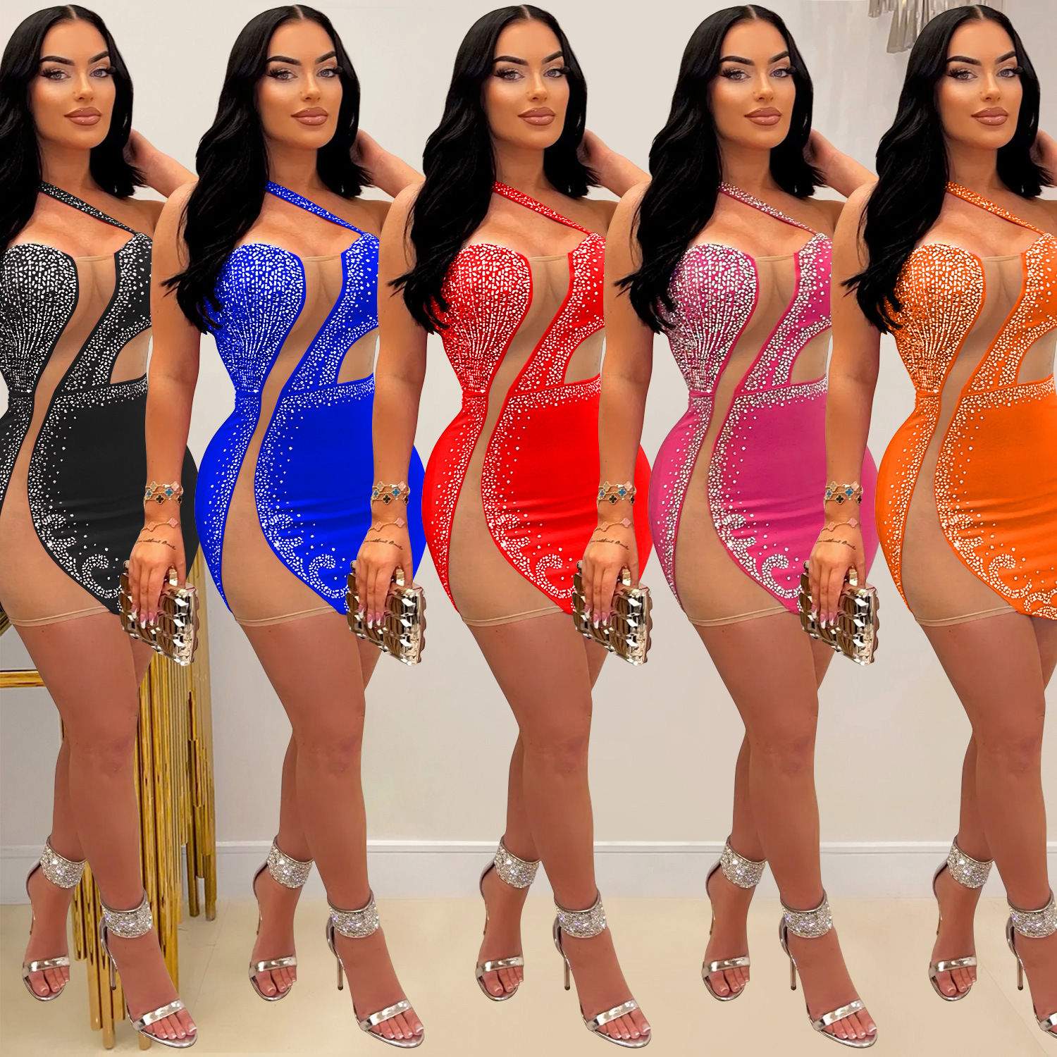 C6767 transfronteriza AliExpress Amazon europeo y americano moda mujer de color sólido malla rhinestone vestido de falda sin mangas