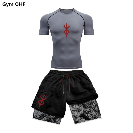 AliExpress Cross-border Men's T-shirt 3D Digital Printing Double-layer Shorts 2-piece Quick-drying Running Training Suit
