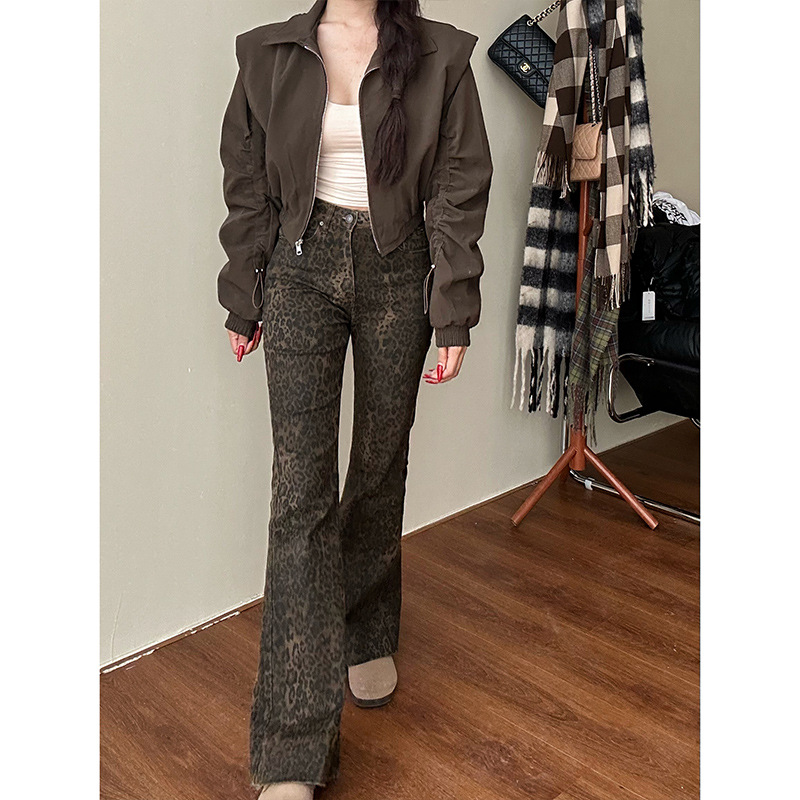 American Retro High Waist Leopard Print Micro-Lar Jeans Women's 2024 Autumn New Design Sense Flared Pants