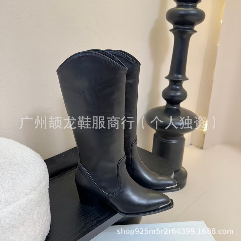 高端品质2025秋冬真皮金属方头复古粗高跟高筒骑士靴不过膝长靴女|undefined