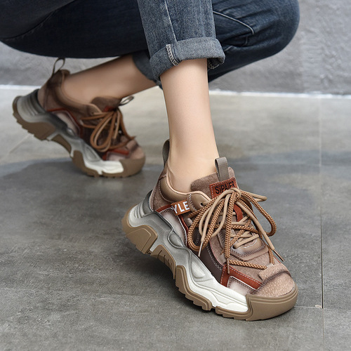 Genuine Leather Dad Shoes Women's Autumn Retro Light Casual Shoes Thick Sole Versatile Sports Women's Shoes 2024 New Spring Trendy Shoes