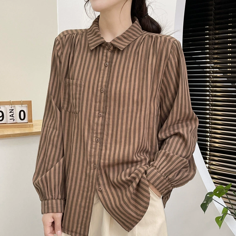 Весенне-осенняя литературная повседневная женская рубашка с длинными рукавами из хлопка и льна в вертикальную полоску, универсальная утягивающая базовая рубашка.