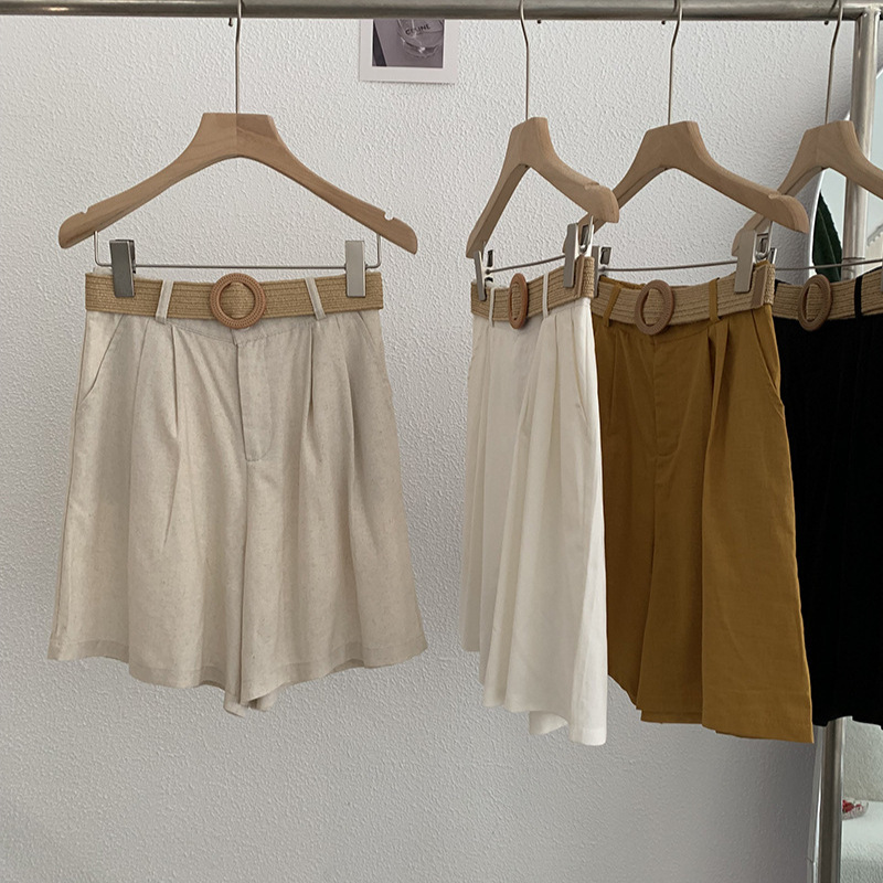 Omalai Breathable Linen! High-Waisted Wide-Leg Slimming Look Pure Color Short Casual Pants with Woven Belt 3880 Omalai Breathable Linen! High-Waisted Wide-Leg Slimming Look Pure Color Short Casual Pants with Woven Belt 3880