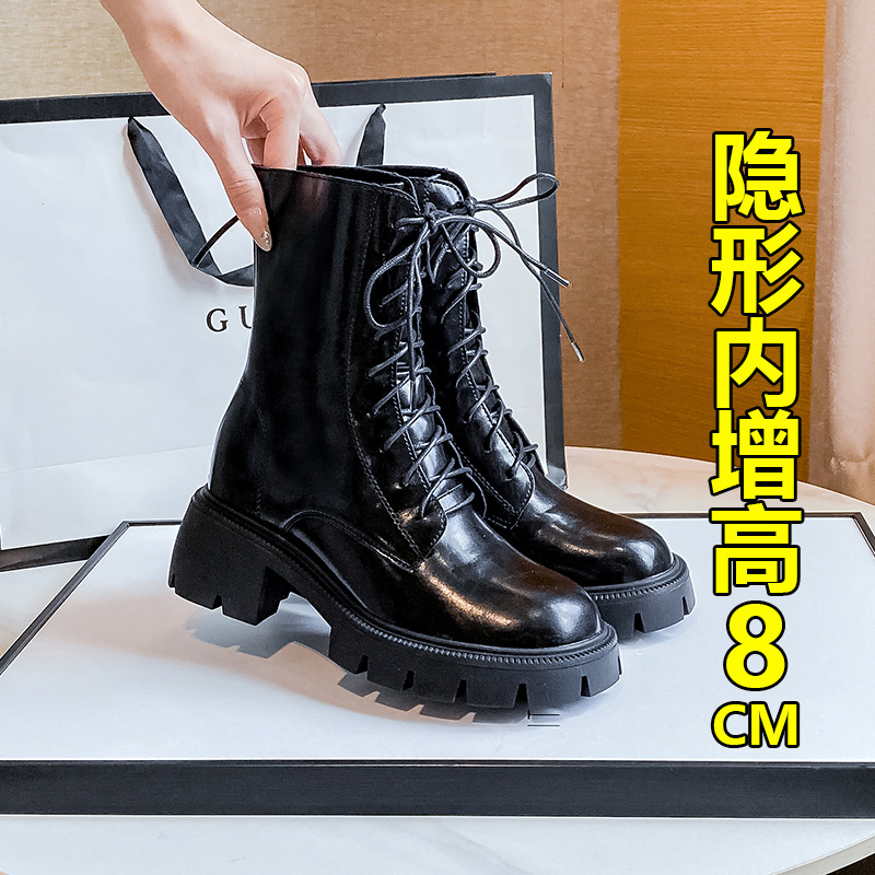 내부 키높이 마틴 부츠 여성용 2025 봄 영국풍 바이커 두꺼운 밑창 짧은 부츠 굵은 굽 신축성 있는 끈 부츠