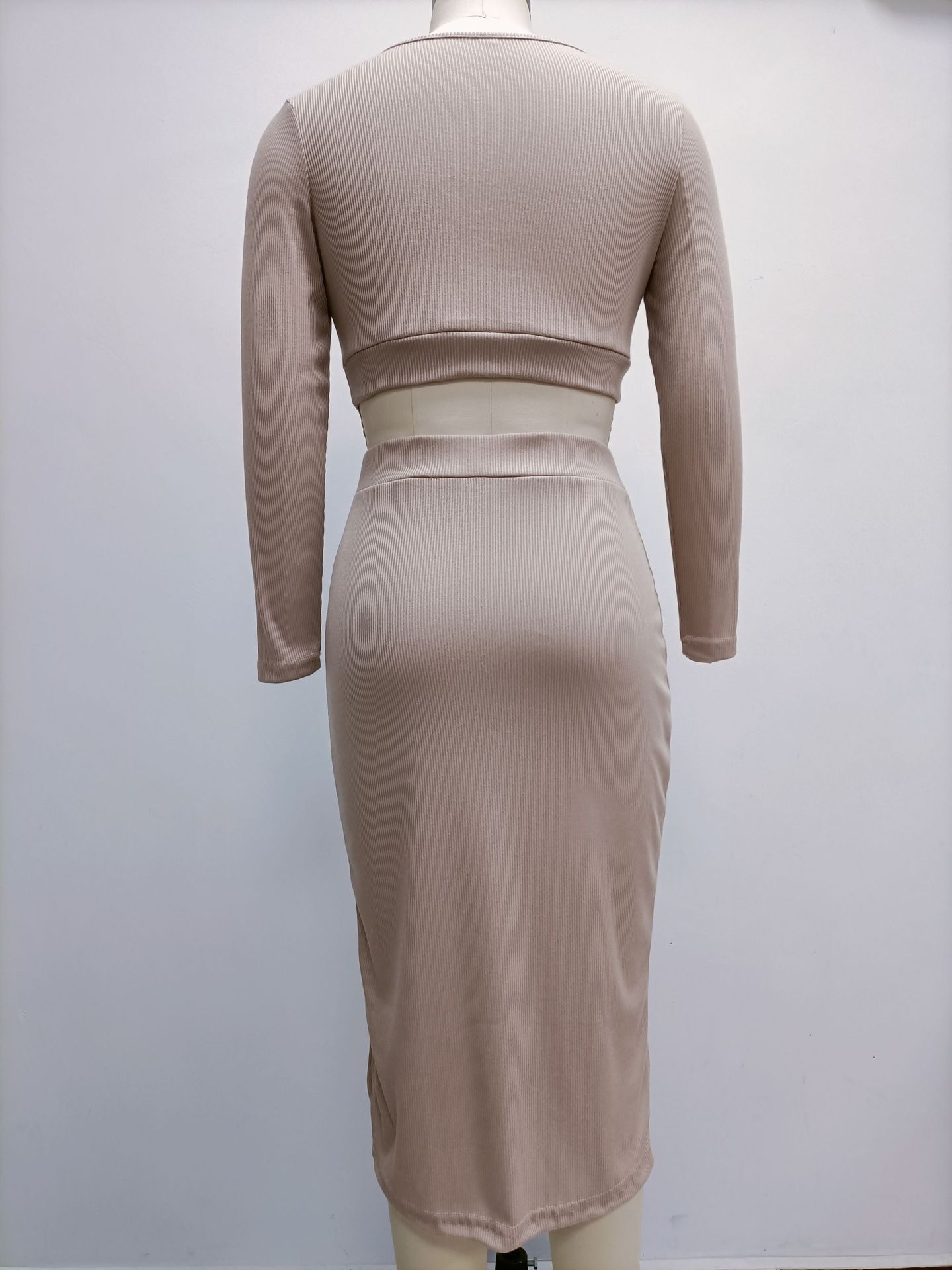 Autumn Winter Women Clothing Solid Color Thread Long Sleeve Sexy Split Maxi Dress Two Piece Set