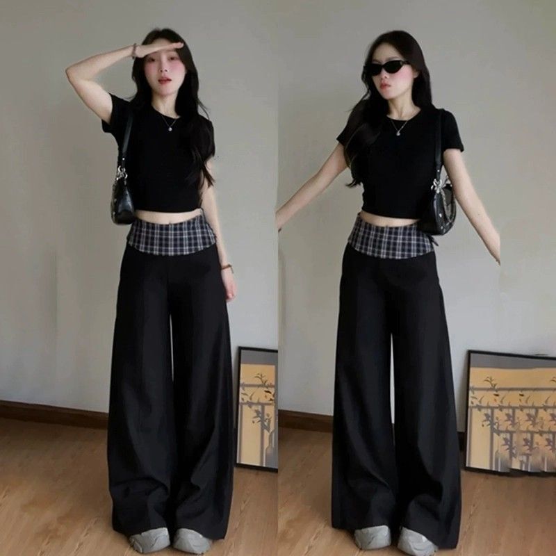 Women's Summer Outfit: Pure Desire Style Spicy Girl Slim-Fit Short-Sleeve T-Shirt Top and High-Waisted Slimming Wide-Leg Pants Two-Piece Set Versatile