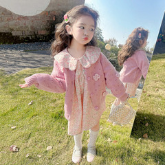 女童毛衣碎花裙子套裝春秋款2024新款兒童洋氣女孩寶寶春裝連衣裙