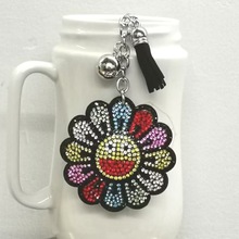 跨境热卖卡通向日葵太阳花笑脸韩国绒镶钻钥匙扣挂件包包流苏挂饰