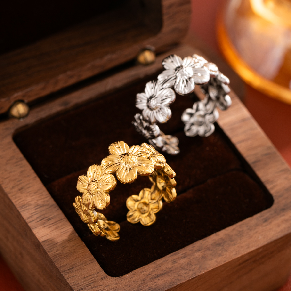 Flower Titanium Steel Non-Fading Ring Cross-Border Daisy Stainless Steel Open Ring Vacuum Electroplated 18K Gold Ring for Women