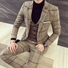 男士西服套装三件套韩版修身英伦休闲潮新郎结婚礼服格子小西装男