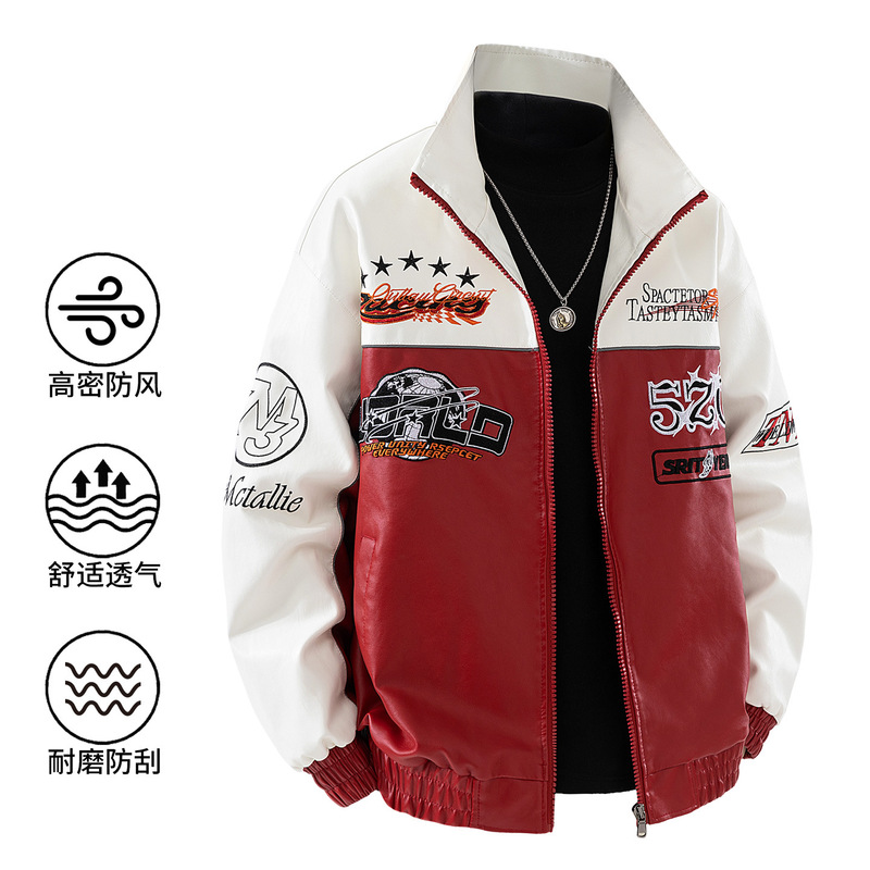 New cross-border color-block embroidered leather jacket for men, PU leather workwear, American style trendy leather jacket, men's stand-up collar simple biker jacket