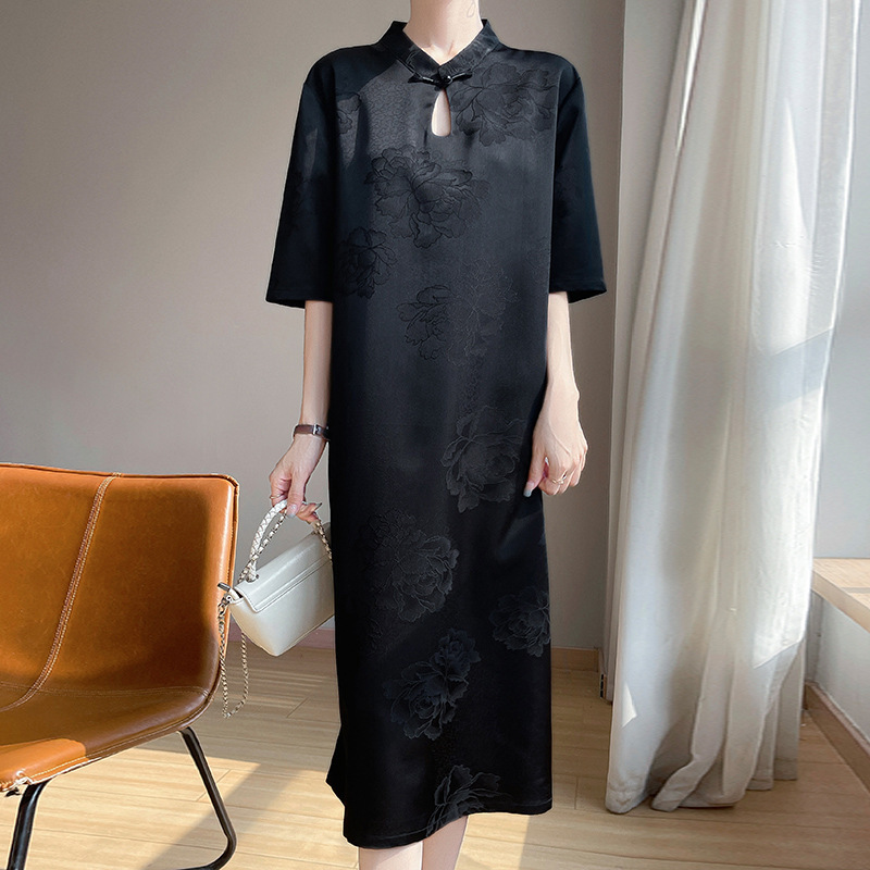 New Chinese Style Satin Silk Three-Quarter Sleeve Dress Women's Button Jacquard Short-Sleeved T-Shirt Long Skirt over the Knee A-Line Skirt New Chinese Style Satin Silk Three-Quarter Sleeve Dress Women's Button Jacquard Short-Sleeved T-Shirt Long Skirt over the Knee A-Line Skirt