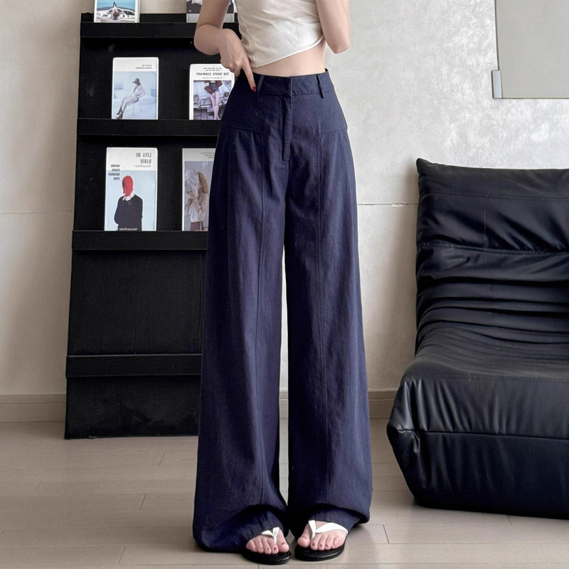 Petite 150cm Stylish Navy Blue Textured Wide-Leg Pants for Women 145cm Spring and Autumn Straight Casual Work Pants XS