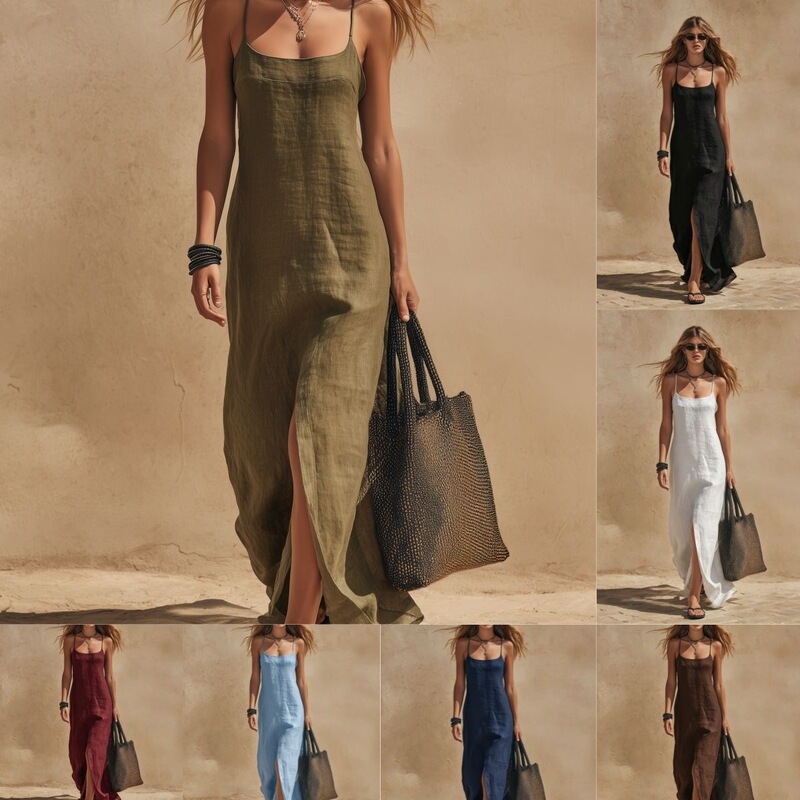 European and American Cross-Border Independent Website 2026 Summer New Fashion Stylish Casual Slit Solid Color Spaghetti Strap Dress Women's Clothing European and American Cross-Border Independent Website 2026 Summer New Fashion Stylish Casual Slit Solid Color Spaghetti Strap Dress Women's Clothing