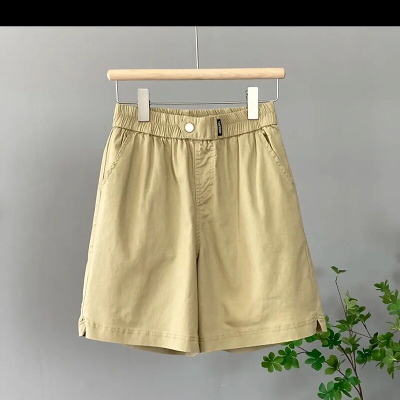 2025 Summer Thin Ice Cotton Solid Color Loose Plus Size High-Waisted Slimming Versatile A-Line Cargo Casual Shorts Women
