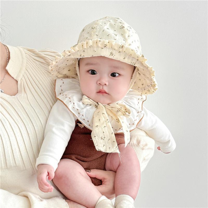1-2 Sombrero infantil primavera y otoño delgado sombrero de pescador para bebés de estilo francés flor triturada sombrero de protección solar gran gorro