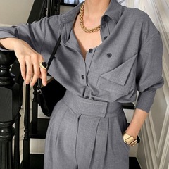 2025 ファッションスーツ女性のカジュアル気質長袖シャツ小さなハイウエストスリムスーツワイドレッグパンツ 2 点セット
