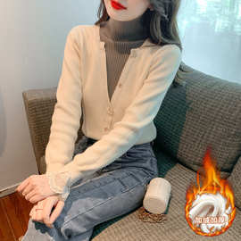 假两件气质高领毛衣女2024秋冬新款加绒内搭打底衫洋气针织衫小衫