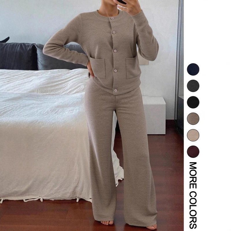 Cross-Border European and American Fashionable Knitted Cardigan Suit for Women Autumn and Winter New Lazy Style Casual Sweater Wide-Leg Pants Two Cross-Border European and American Fashionable Knitted Cardigan Suit for Women Autumn and Winter New Lazy Style Casual Sweater Wide-Leg Pants Two