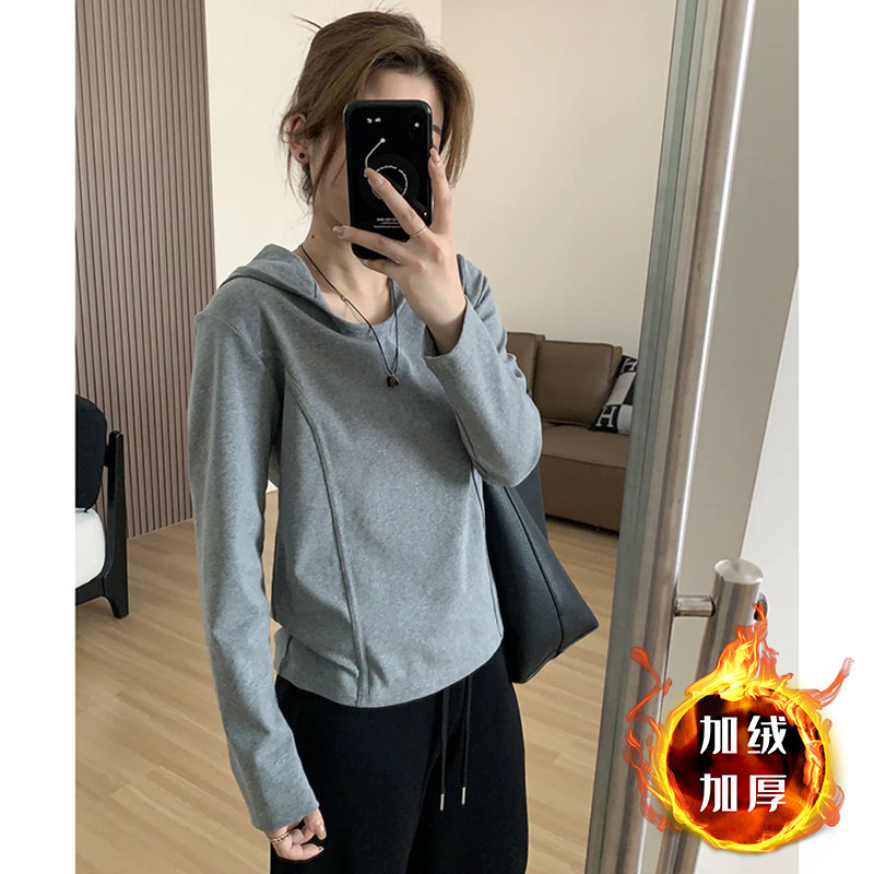 连帽卫衣打底衫女2025新款秋大码胖mm显瘦长袖t恤鱼骨正肩上衣|undefined
