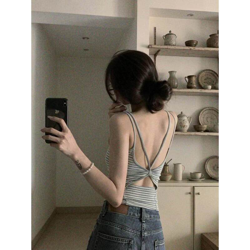 High-Elastic Striped Camisole with Twist Back and Hollow-Out Design, Summer Trendy Top with Chest Pads for Hot Girls to Wear Outside High-Elastic Striped Camisole with Twist Back and Hollow-Out Design, Summer Trendy Top with Chest Pads for Hot Girls to Wear Outside