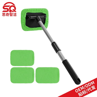 Car cleaning tools, Microfiber Window Brush Set - 1-square-plate-plastic-piece-4-green-cloth-covers