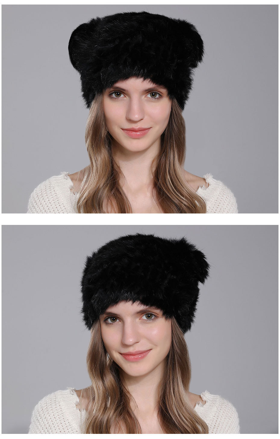 Talvise küülikukarva silmkoeline mood Panda kõrvasoe pullover, mitmekülgne naiste müts_voghion.com