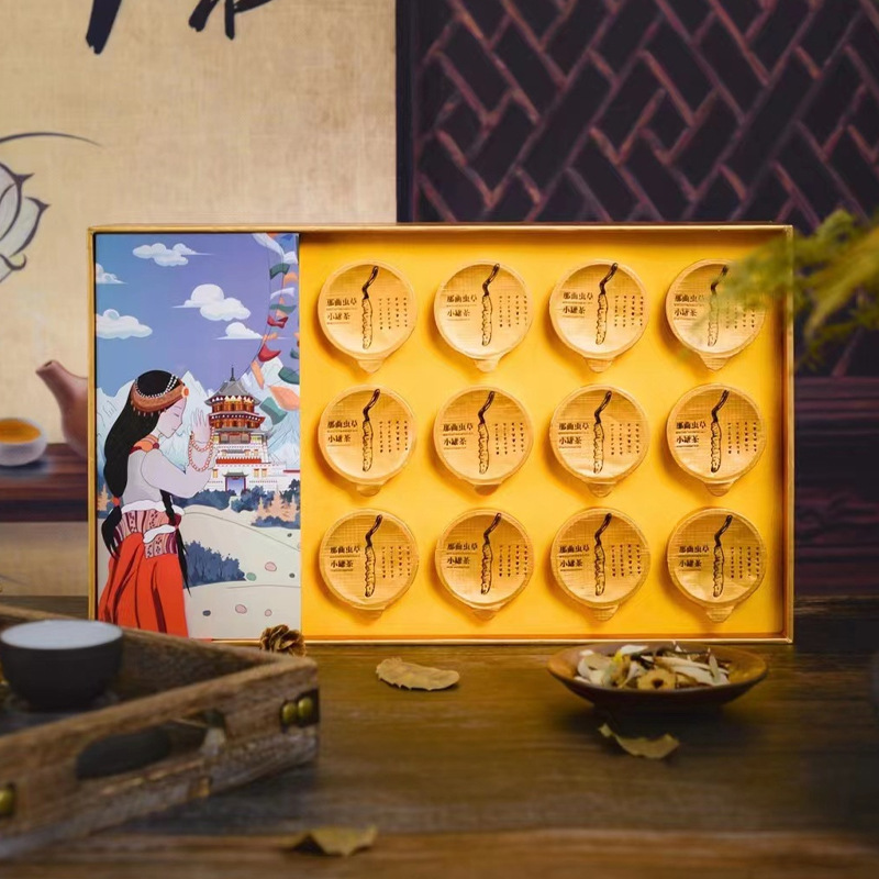 手绘西藏风味插画冬虫夏草套装设计产品外包装标贴设计纸袋瓶身印