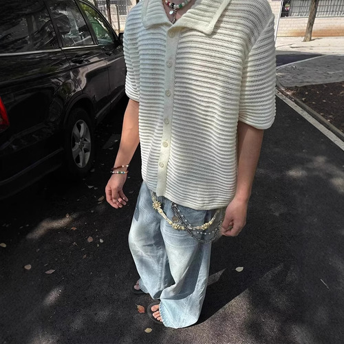 Men's Summer Knit Top Short Sleeve Minority Retro Lace Open Cardigan Old Money Style Collar Half Sleeve Top