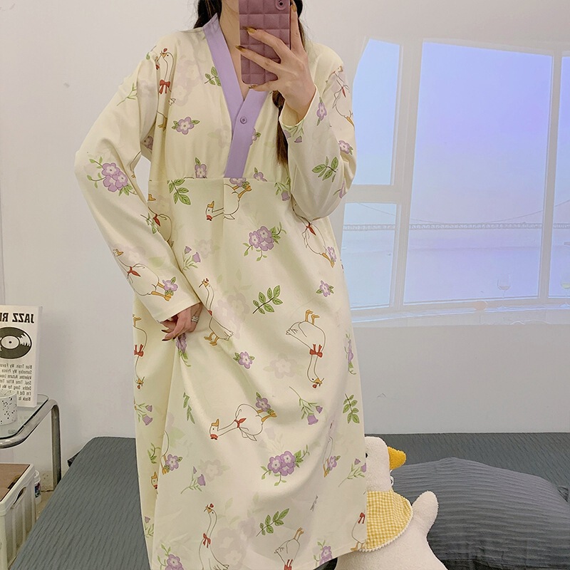 Taobao Maternity 6535 Cotton Nightgown with Chest Pads Postpartum Nursing Dress Long Sleeve Long Dress One Piece Dropshipping Free Shipping